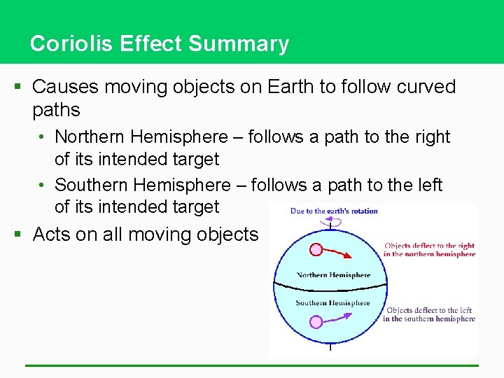 Coriolis Effect Summary § Causes moving objects on Earth to follow curved paths •