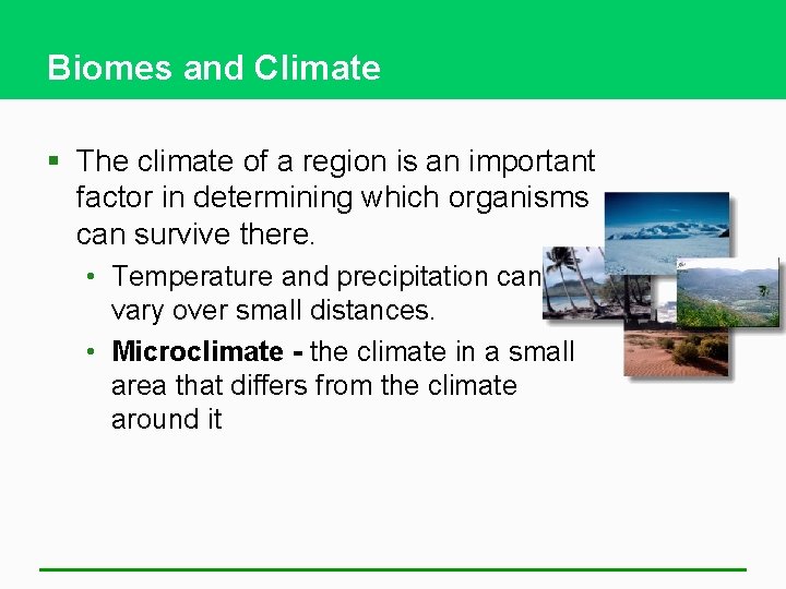 Biomes and Climate § The climate of a region is an important factor in