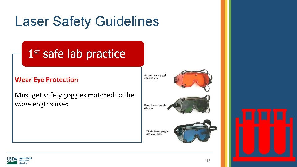 Laser Safety Guidelines 1 st safe lab practice Wear Eye Protection Must get safety
