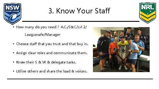 3. Know Your Staff • How many do you need ? A. C. /S&C/Lvl
