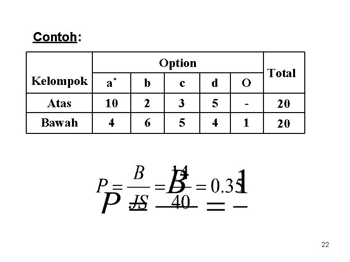 Contoh: Option Total Kelompok a* b c d O Atas 10 2 3 5