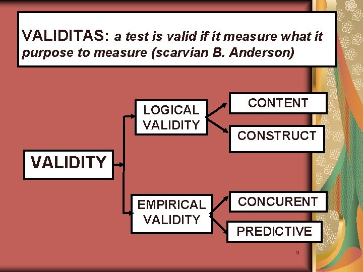 VALIDITAS: a test is valid if it measure what it purpose to measure (scarvian