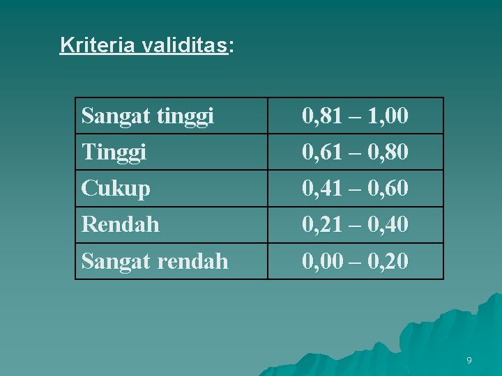 Kriteria validitas: Sangat tinggi Tinggi 0, 81 – 1, 00 0, 61 – 0,