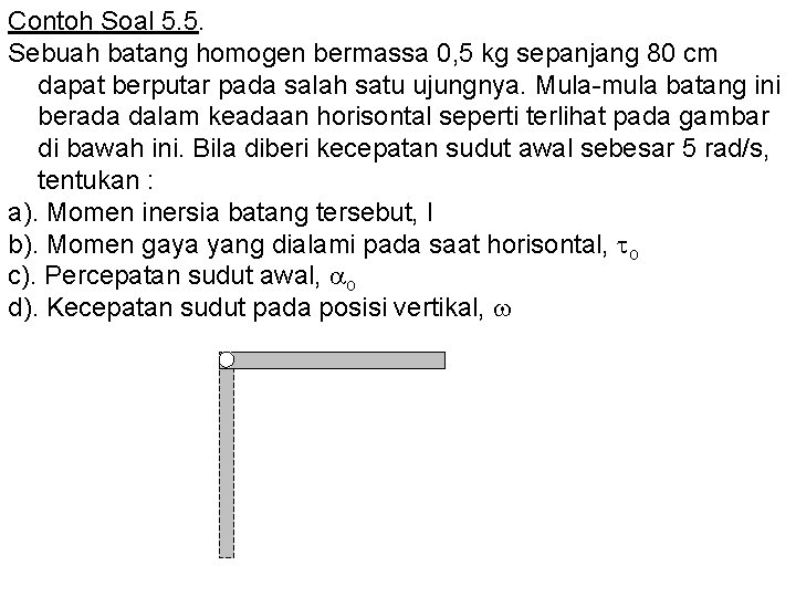Contoh Soal 5. 5. Sebuah batang homogen bermassa 0, 5 kg sepanjang 80 cm