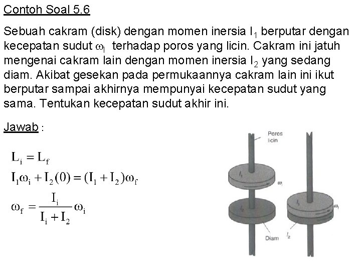 Contoh Soal 5. 6 Sebuah cakram (disk) dengan momen inersia I 1 berputar dengan