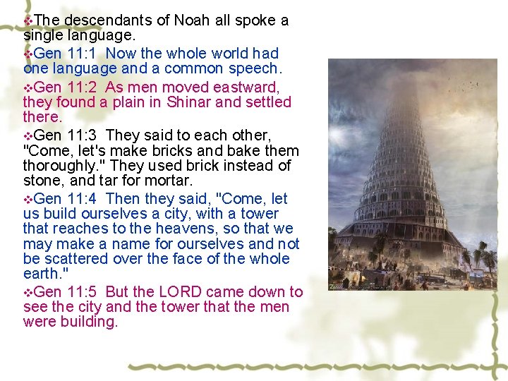 v. The descendants of Noah all spoke a single language. v. Gen 11: 1