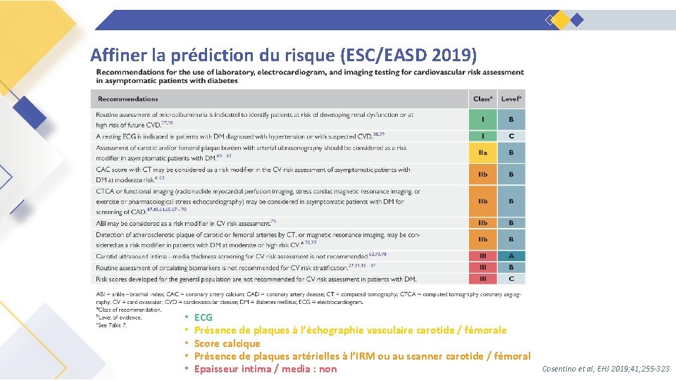 Affiner la prédiction du risque (ESC/EASD 2019) • • • ECG Présence de plaques