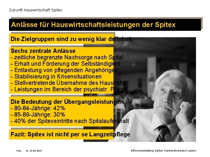 Zukunft Hauswirtschaft Spitex Anlässe für Hauswirtschaftsleistungen der Spitex Die Zielgruppen sind zu wenig klar