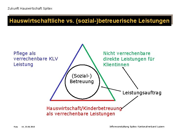 Zukunft Hauswirtschaft Spitex Hauswirtschaftliche vs. (sozial-)betreuerische Leistungen Pflege als verrechenbare KLV Leistung Nicht verrechenbare