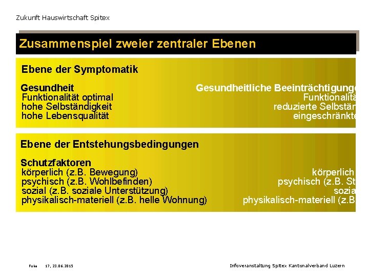 Zukunft Hauswirtschaft Spitex Zusammenspiel zweier zentraler Ebenen Ebene der Symptomatik Gesundheit Funktionalität optimal hohe