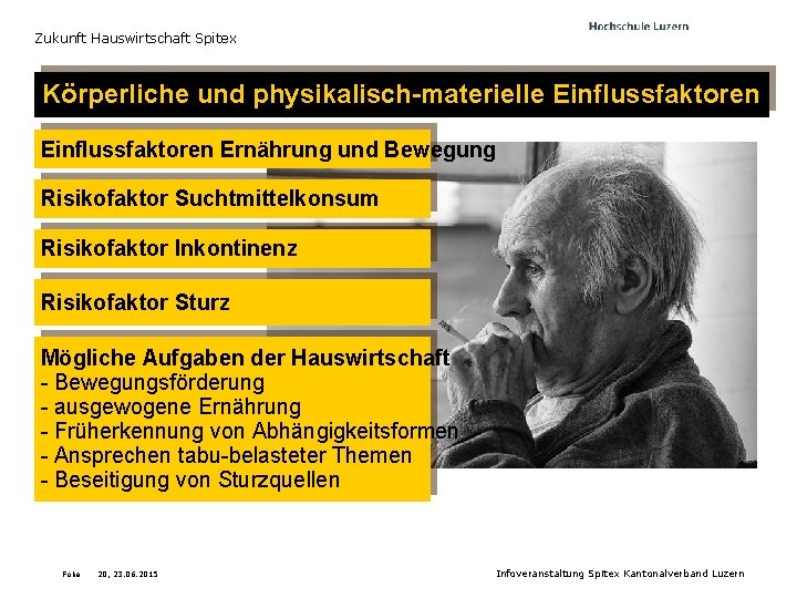 Zukunft Hauswirtschaft Spitex Körperliche und physikalisch-materielle Einflussfaktoren Ernährung und Bewegung Risikofaktor Suchtmittelkonsum Risikofaktor Inkontinenz