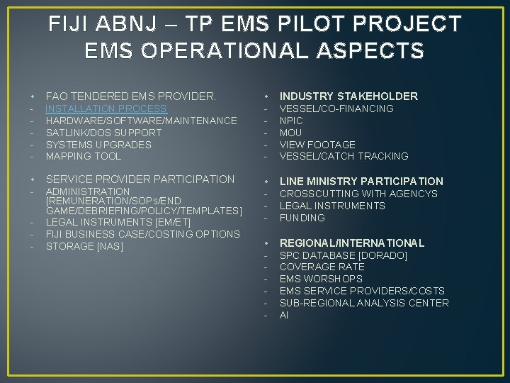 FIJI ABNJ – TP EMS PILOT PROJECT EMS OPERATIONAL ASPECTS • FAO TENDERED EMS