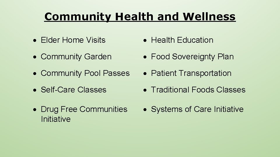 Community Health and Wellness Elder Home Visits Health Education Community Garden Food Sovereignty Plan