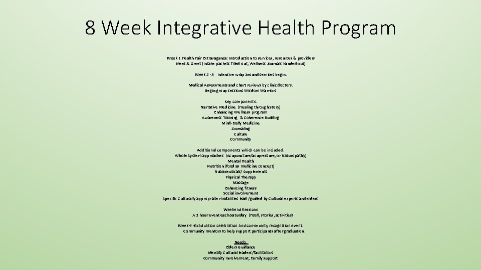 8 Week Integrative Health Program Week 1 Health Fair Extravaganza: Introduction to services, resources