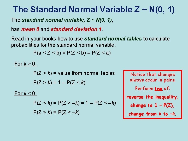The Standard Normal Variable Z ~ N(0, 1) The standard normal variable, Z ~