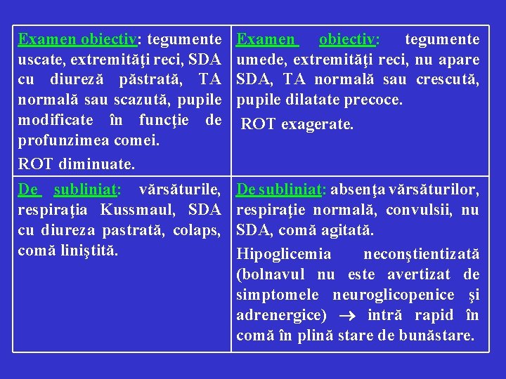 Examen obiectiv: tegumente uscate, extremităţi reci, SDA cu diureză păstrată, TA normală sau scazută,