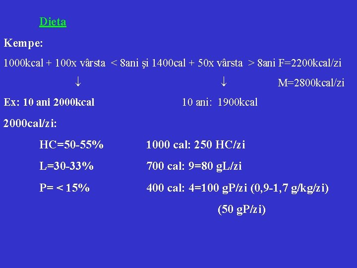 Dieta Kempe: 1000 kcal + 100 x vârsta < 8 ani şi 1400 cal