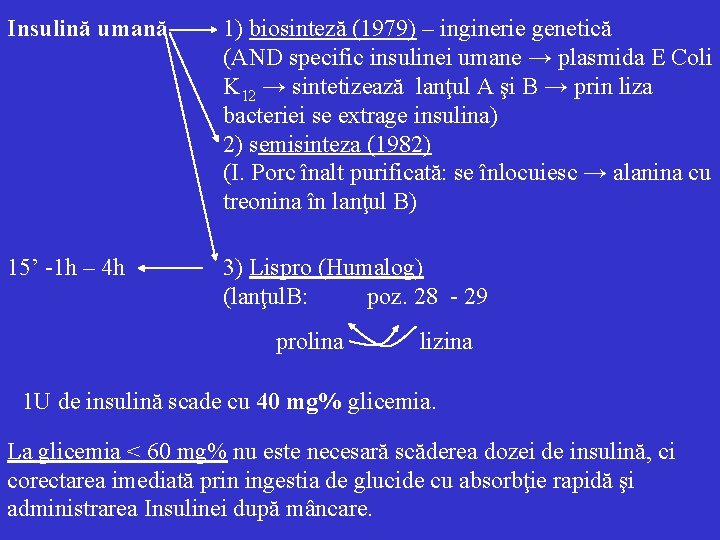 Insulină umană 1) biosinteză (1979) – inginerie genetică (AND specific insulinei umane → plasmida