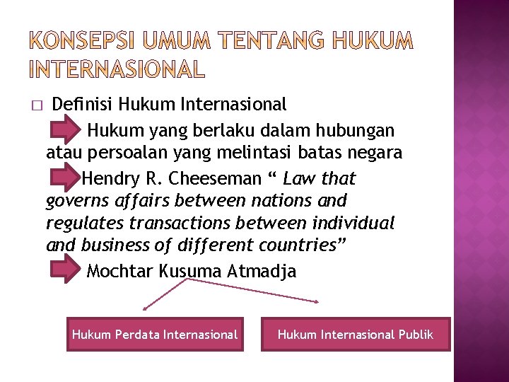 � Definisi Hukum Internasional Hukum yang berlaku dalam hubungan atau persoalan yang melintasi batas