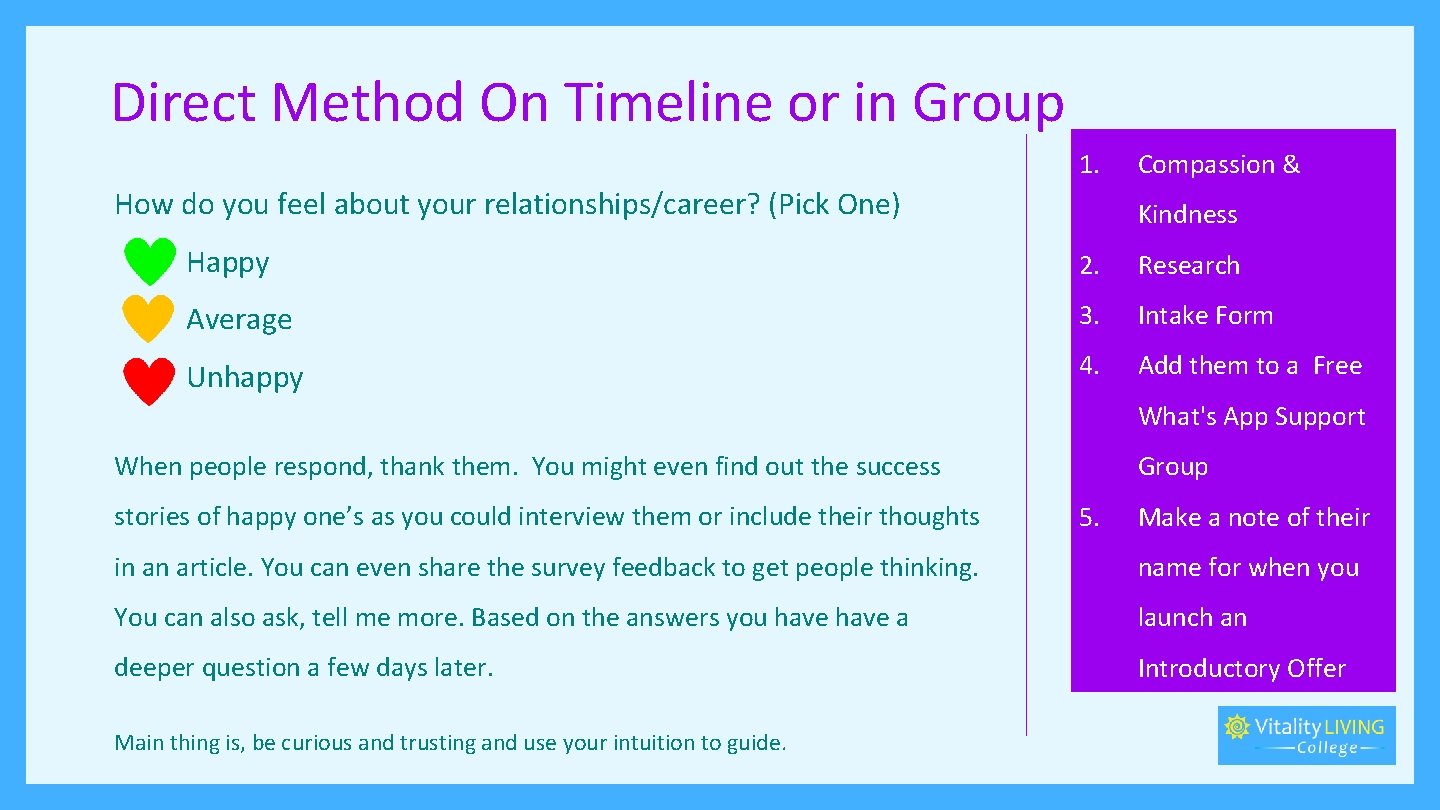 Direct Method On Timeline or in Group 1. How do you feel about your