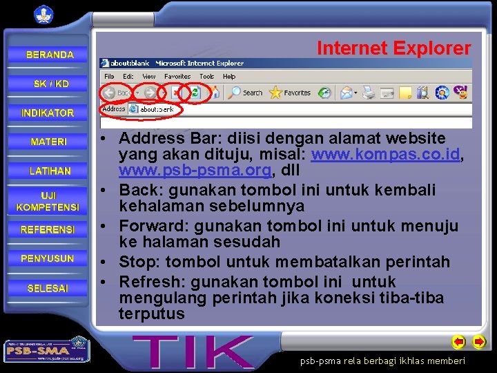 Internet Explorer • Address Bar: diisi dengan alamat website yang akan dituju, misal: www.