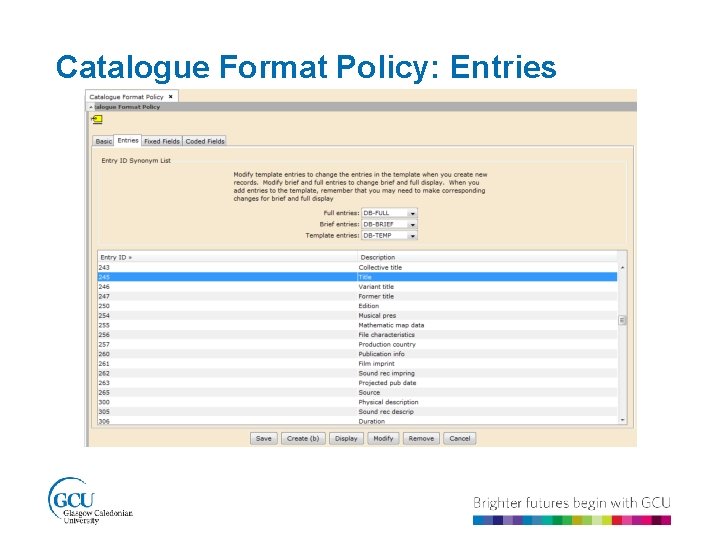 Catalogue Format Policy: Entries 