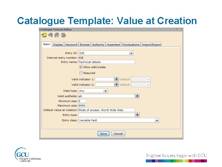 Catalogue Template: Value at Creation 