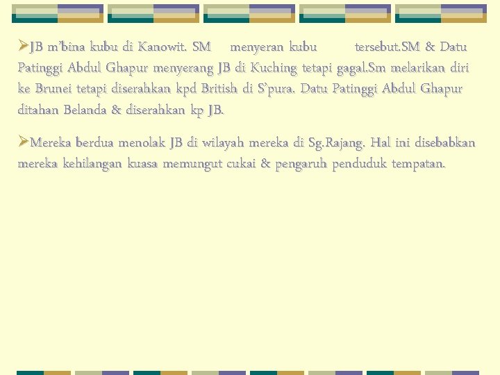 ØJB m’bina kubu di Kanowit. SM menyeran kubu tersebut. SM & Datu Patinggi Abdul