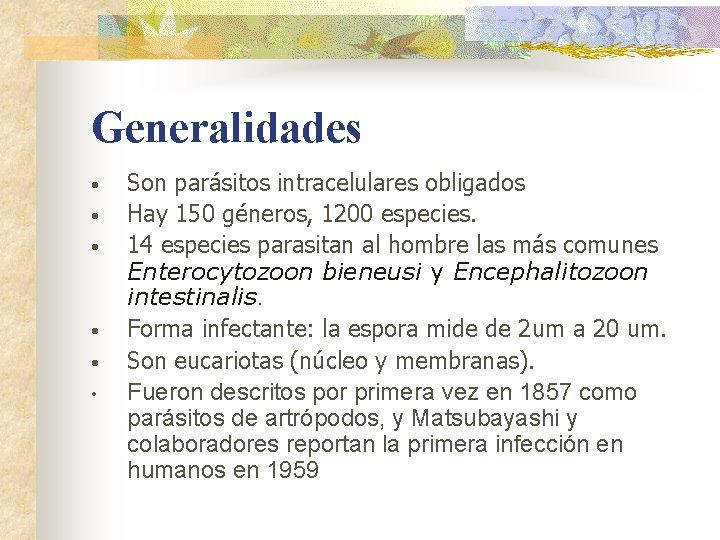 Generalidades • • • Son parásitos intracelulares obligados Hay 150 géneros, 1200 especies. 14