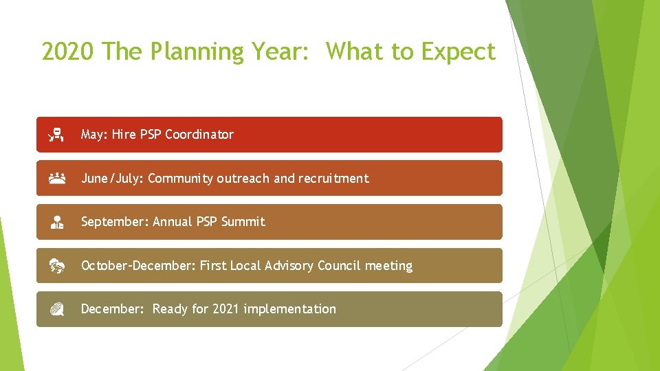 2020 The Planning Year: What to Expect May: Hire PSP Coordinator June/July: Community outreach