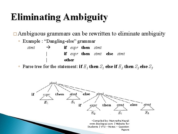 Eliminating Ambiguity � Ambiguous grammars can be rewritten to eliminate ambiguity ◦ Example :