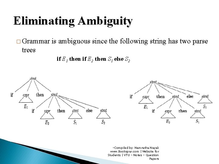 Eliminating Ambiguity � Grammar is ambiguous since the following string has two parse trees