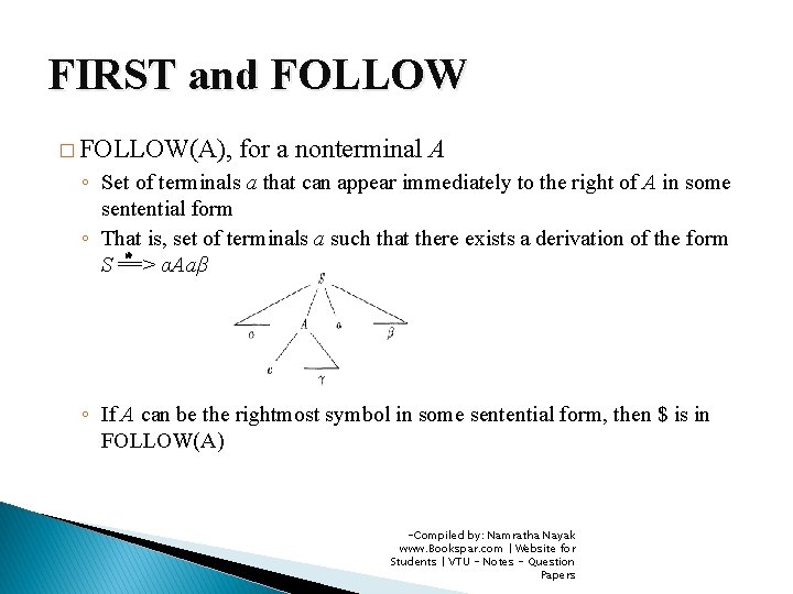 FIRST and FOLLOW � FOLLOW(A), for a nonterminal A ◦ Set of terminals a