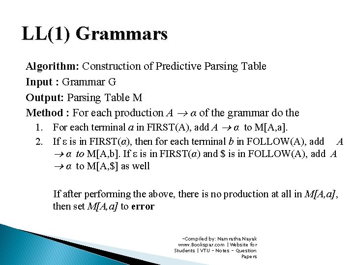 LL(1) Grammars Algorithm: Construction of Predictive Parsing Table Input : Grammar G Output: Parsing