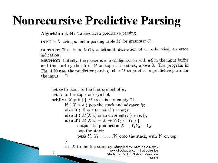 Nonrecursive Predictive Parsing -Compiled by: Namratha Nayak www. Bookspar. com | Website for Students