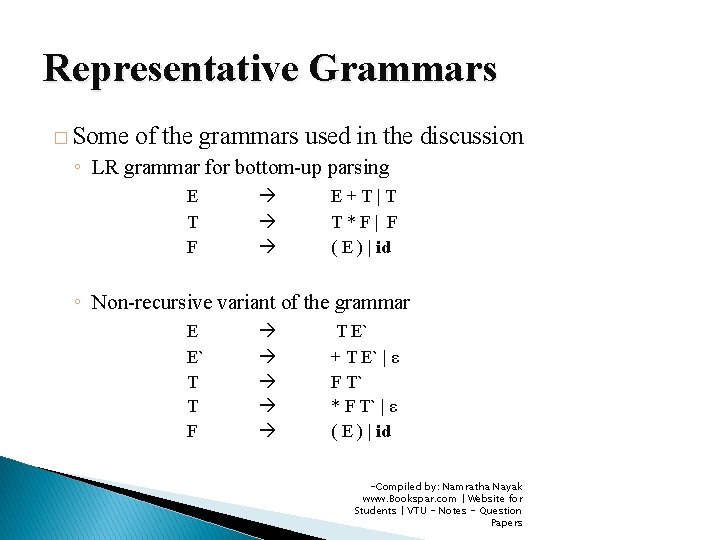 Representative Grammars � Some of the grammars used in the discussion ◦ LR grammar