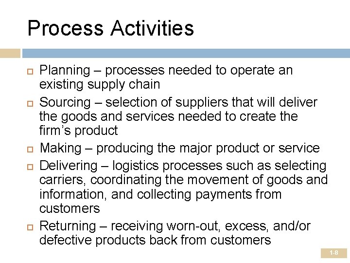 Process Activities Planning – processes needed to operate an existing supply chain Sourcing –