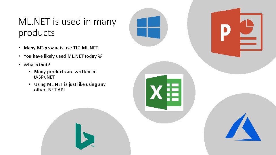 ML. NET is used in many products • Many MS products use TLC ML.