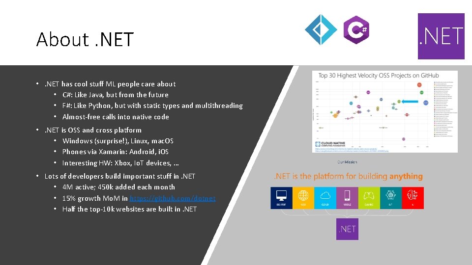 About. NET • . NET has cool stuff ML people care about • C#: