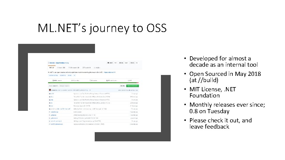 ML. NET’s journey to OSS • Developed for almost a decade as an internal