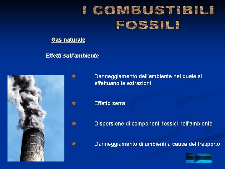 Gas naturale Effetti sull’ambiente Danneggiamento dell’ambiente nel quale si effettuano le estrazioni Effetto serra