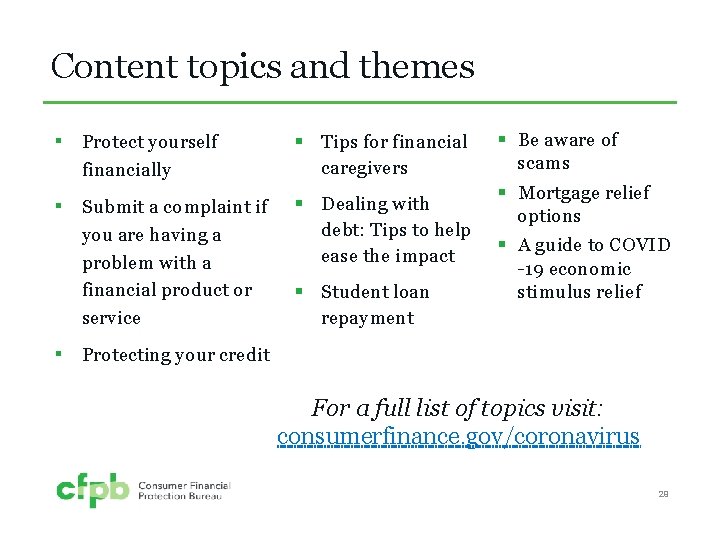 Content topics and themes ▪ Protect yourself financially ▪ Submit a complaint if you