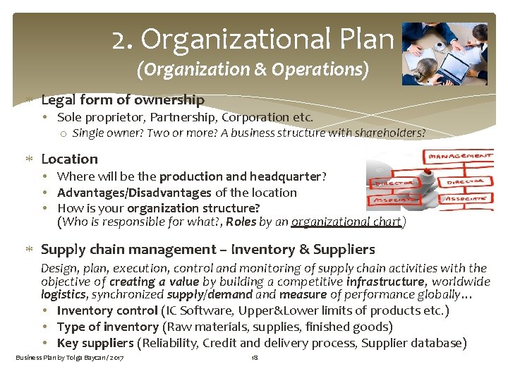 2. Organizational Plan (Organization & Operations) Legal form of ownership • Sole proprietor, Partnership,