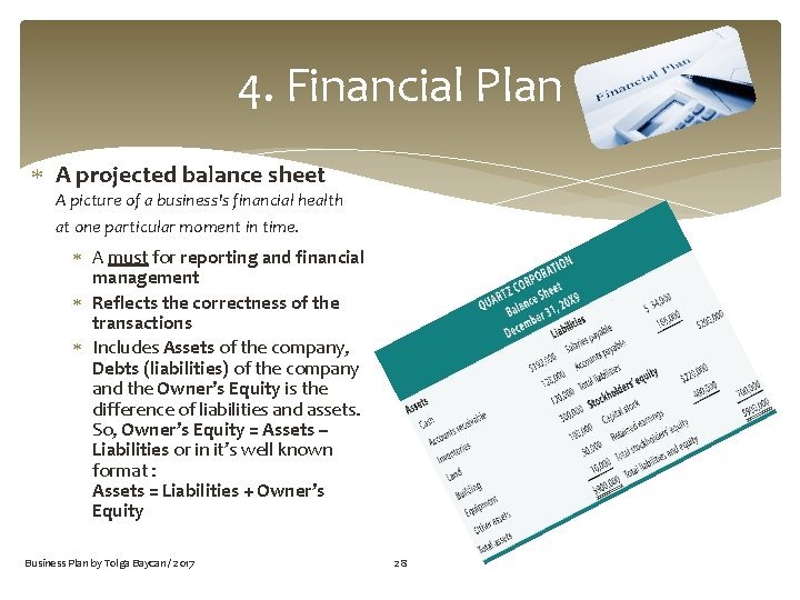 4. Financial Plan A projected balance sheet A picture of a business's financial health