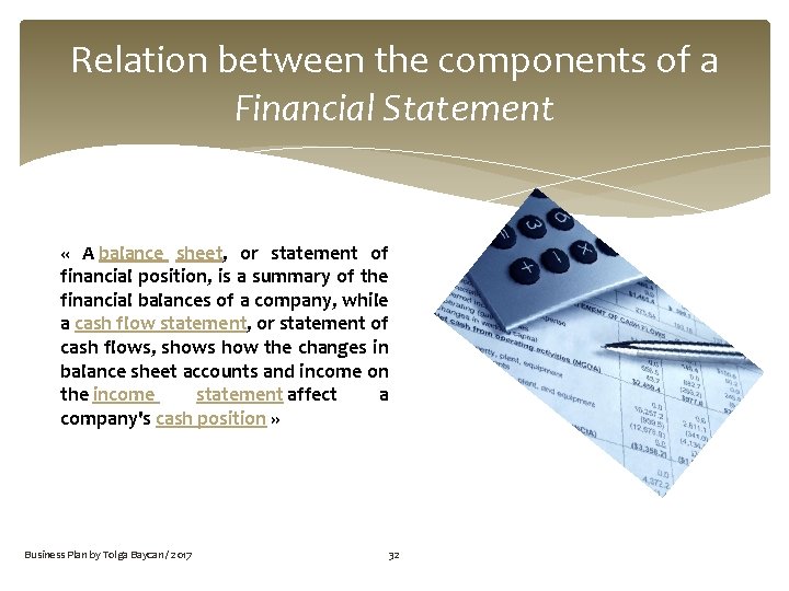 Relation between the components of a Financial Statement « A balance sheet, or statement