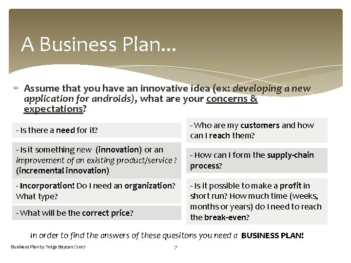 A Business Plan. . . Assume that you have an innovative idea (ex: developing
