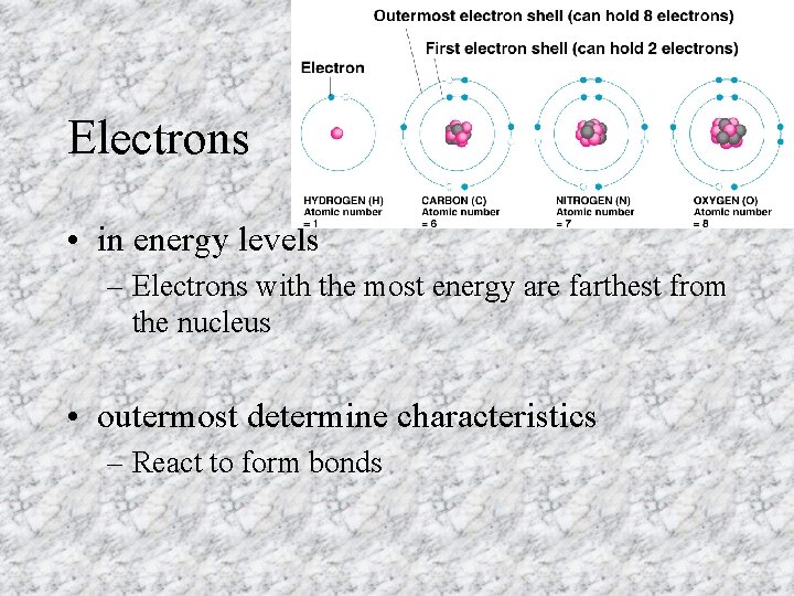 Electrons • in energy levels – Electrons with the most energy are farthest from