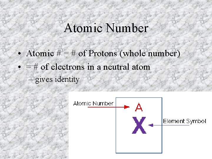 Atomic Number • Atomic # = # of Protons (whole number) • = #