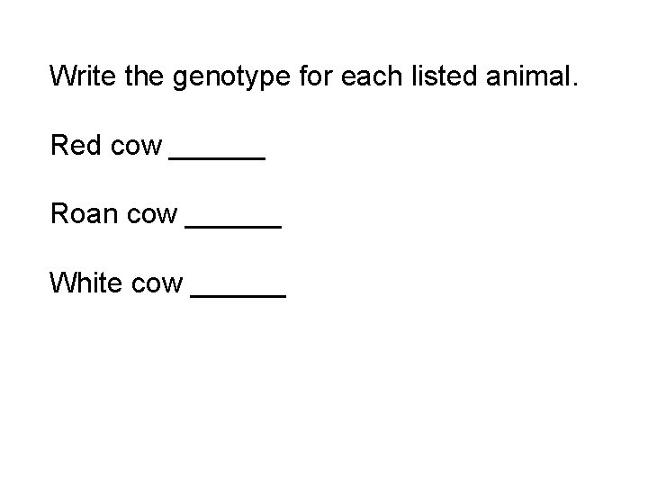 Write the genotype for each listed animal. Red cow ______ Roan cow ______ White