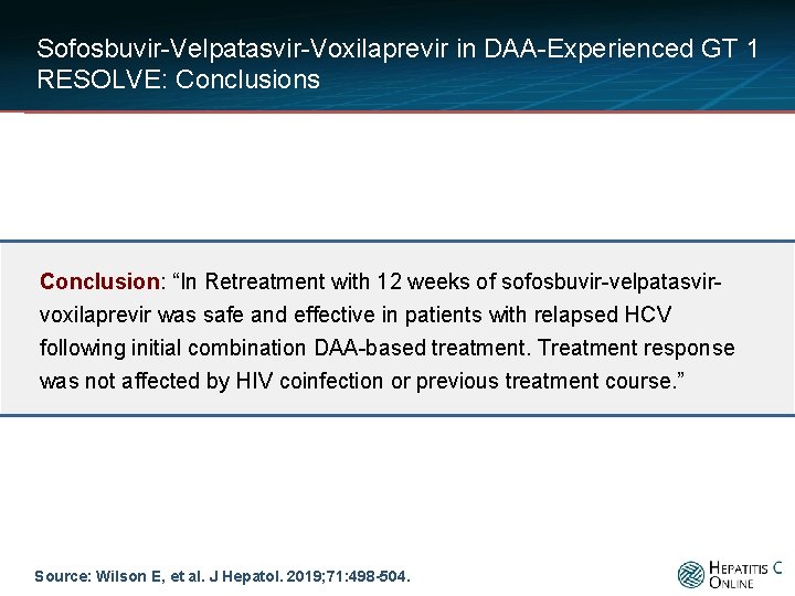 Sofosbuvir-Velpatasvir-Voxilaprevir in DAA-Experienced GT 1 RESOLVE: Conclusions Conclusion: “In Retreatment with 12 weeks of